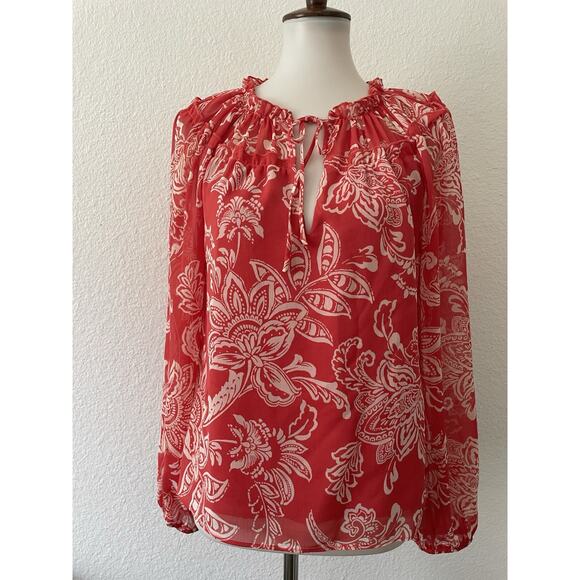 Evereve Top Women Blouse Pullover Floral Multicolor Tie Neck Shirt - Picture 1 of 12